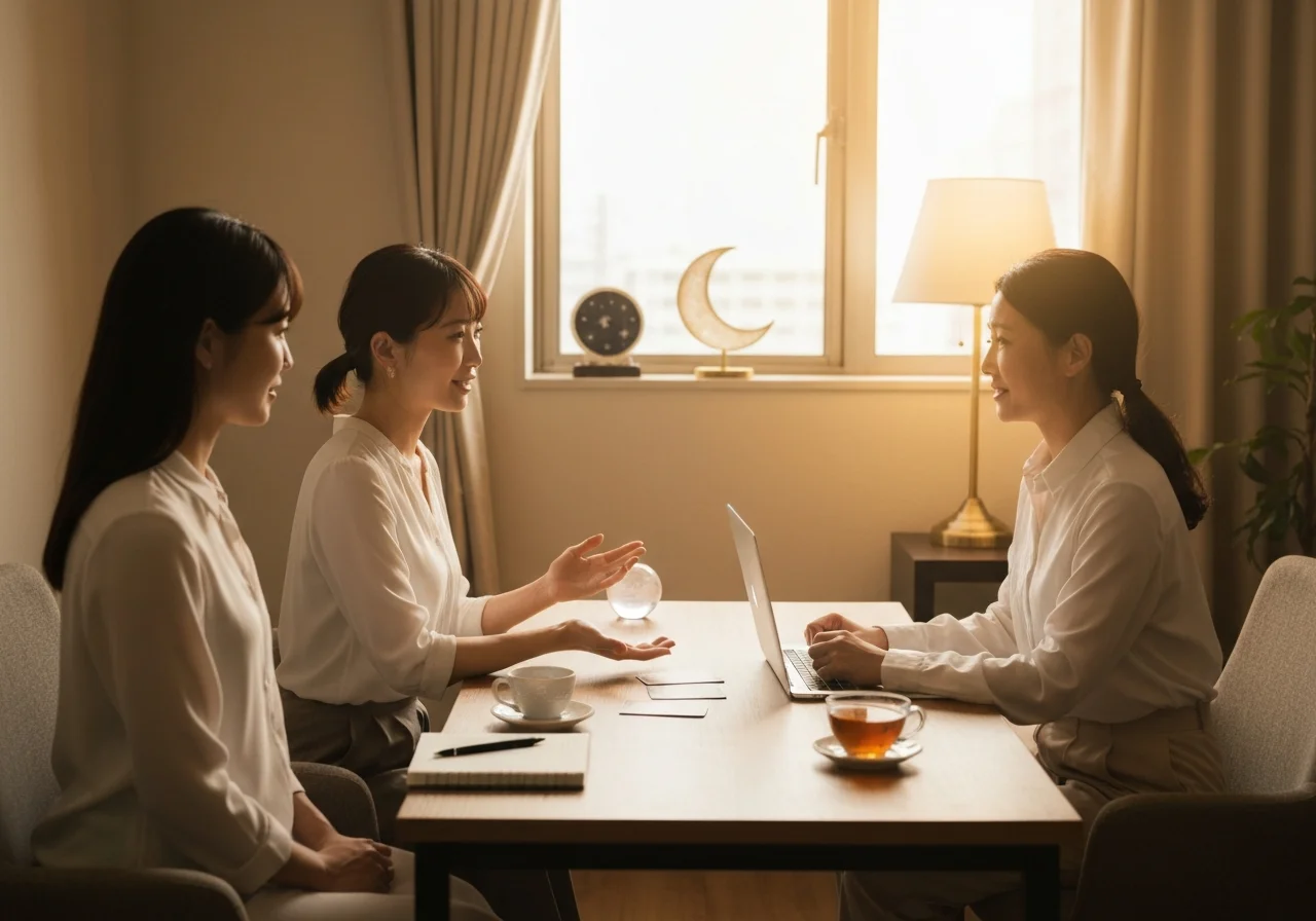 パソコン画面越しにオンラインで相談している様子と、手元に置かれたメモ帳とお茶