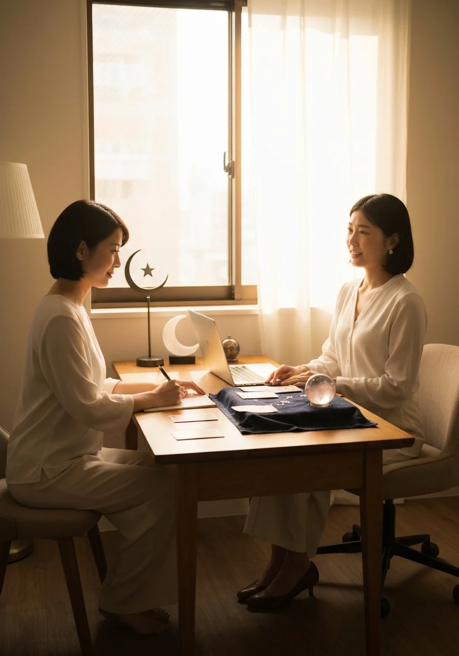 相談前にメモを確認しながら机の上で準備をしている鑑定師の横顔